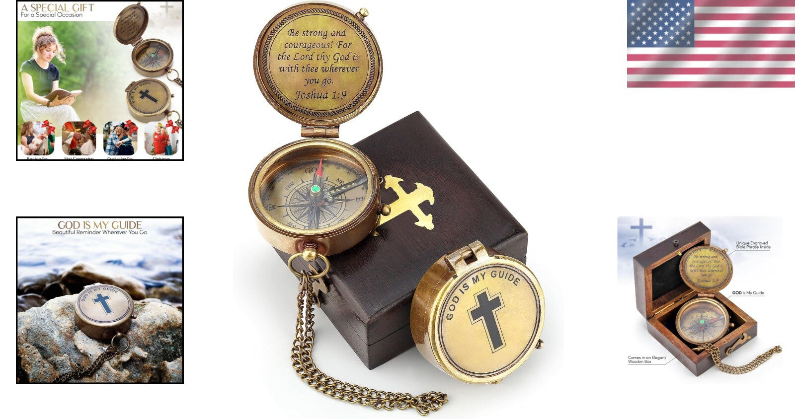 Elegant Brass Compass Display with Joshua 1:9 Inscription - Perfect for Gifting