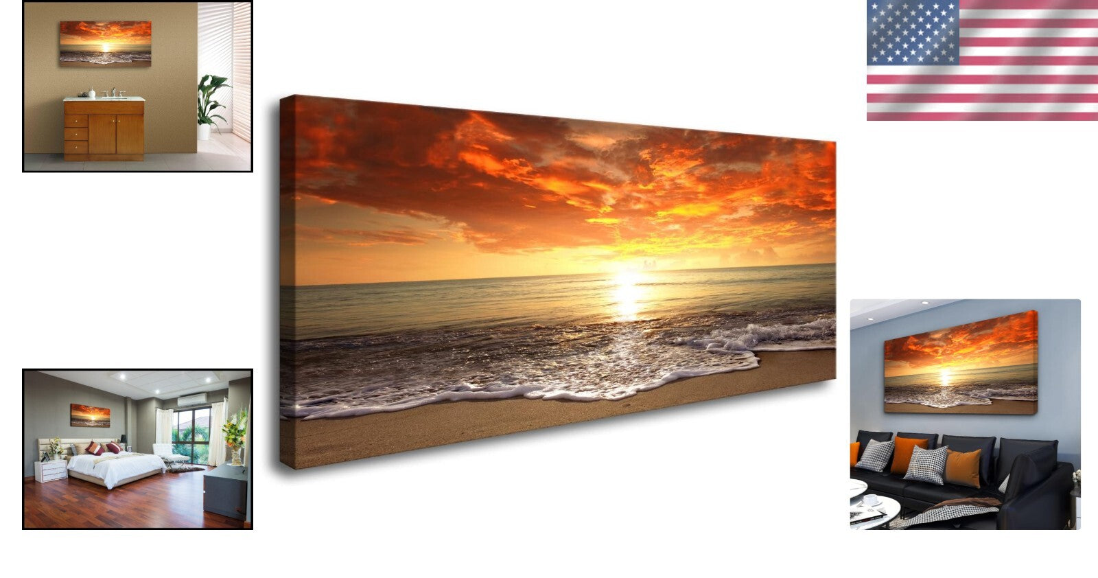 Elegant Framed Ocean Sunset Giclee Artwork - Ready to Hang 20x40 Inch Canvas