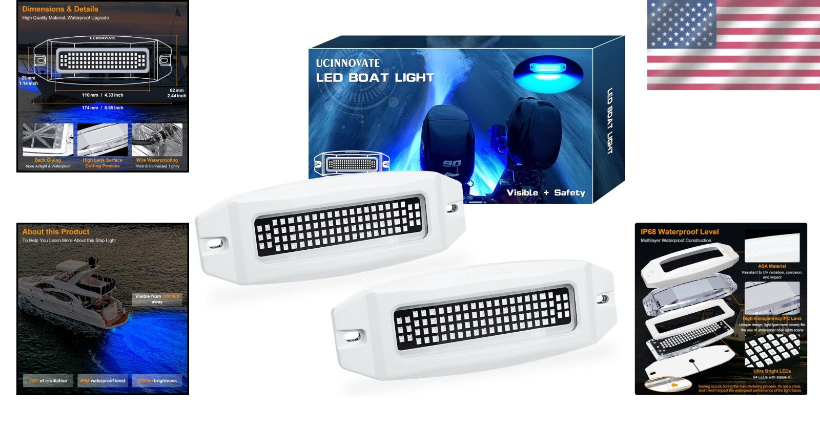 Bright Blue 84 LED Marine Boat Lights - Waterproof IP68 Underwater Illumination