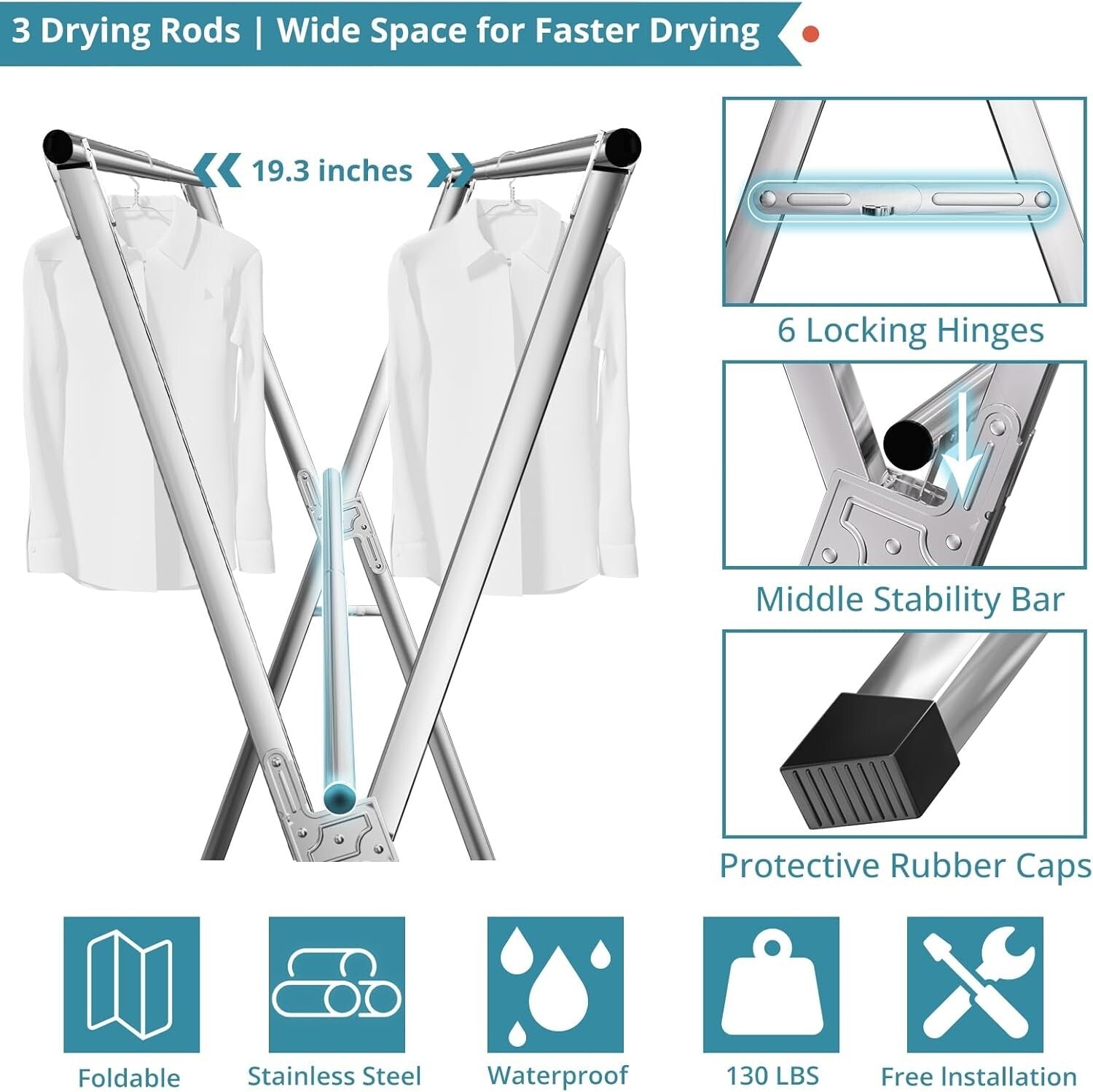 95-Inch Heavy Duty Stainless Steel Clothes Drying Rack with 20 Windproof Hooks