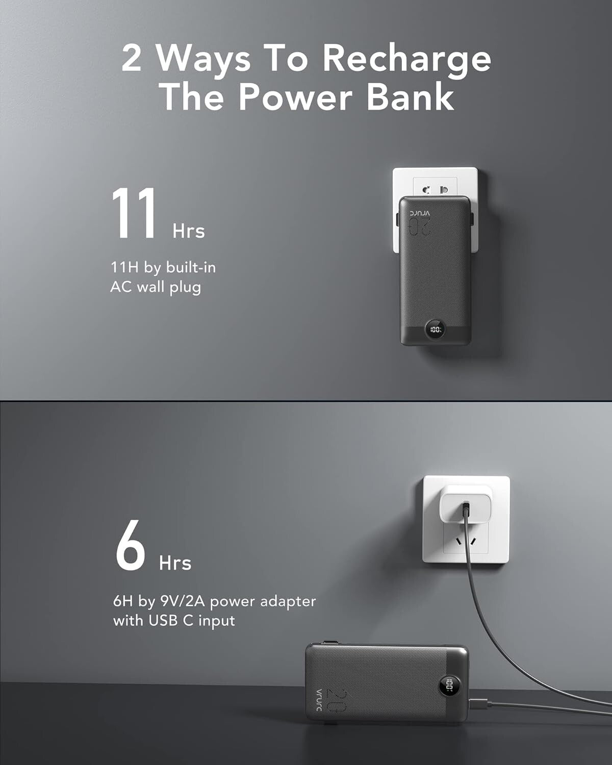 20000mAh Fast Charging Power Bank with Built-In Wall Plug & LED Display