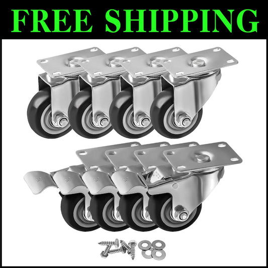 8 Pack Heavy-Duty 3" Swivel Plate Casters with Brakes for Effortless Mobility