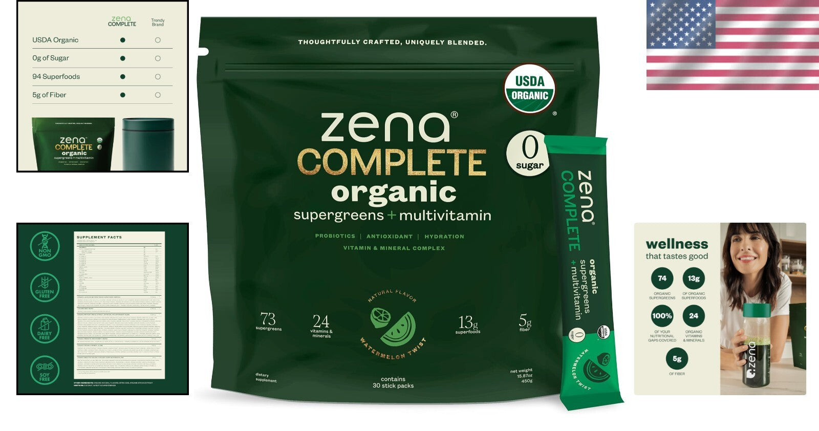 Zena Organic Super Greens Powder - 90+ Vitamins & Fiber, Watermelon Citrus Flav