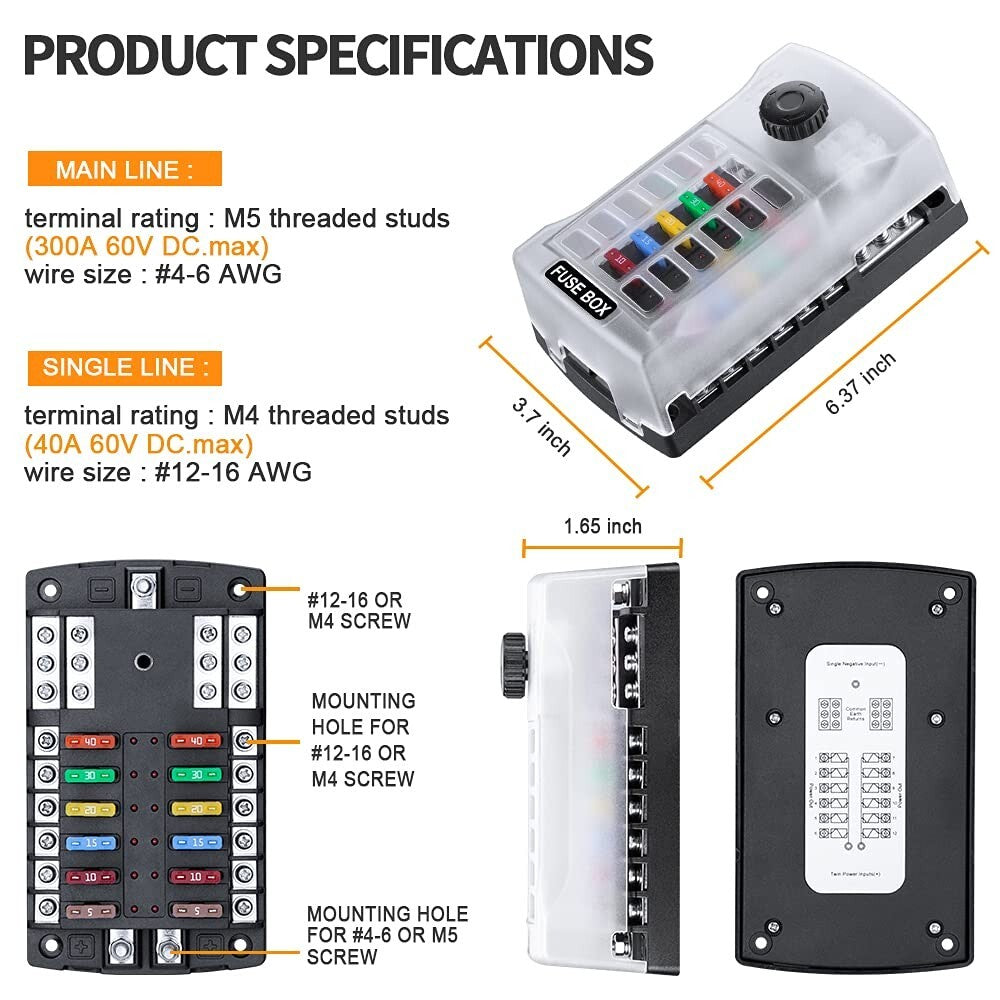 LED Indicator 12-Way Fuse Block with Spare Slots - Safe Circuit Protection Tool