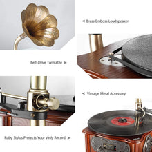Load image into Gallery viewer, Vintage Phonograph Retro Turntable with Copper Horn – Bluetooth &amp; Aux Input