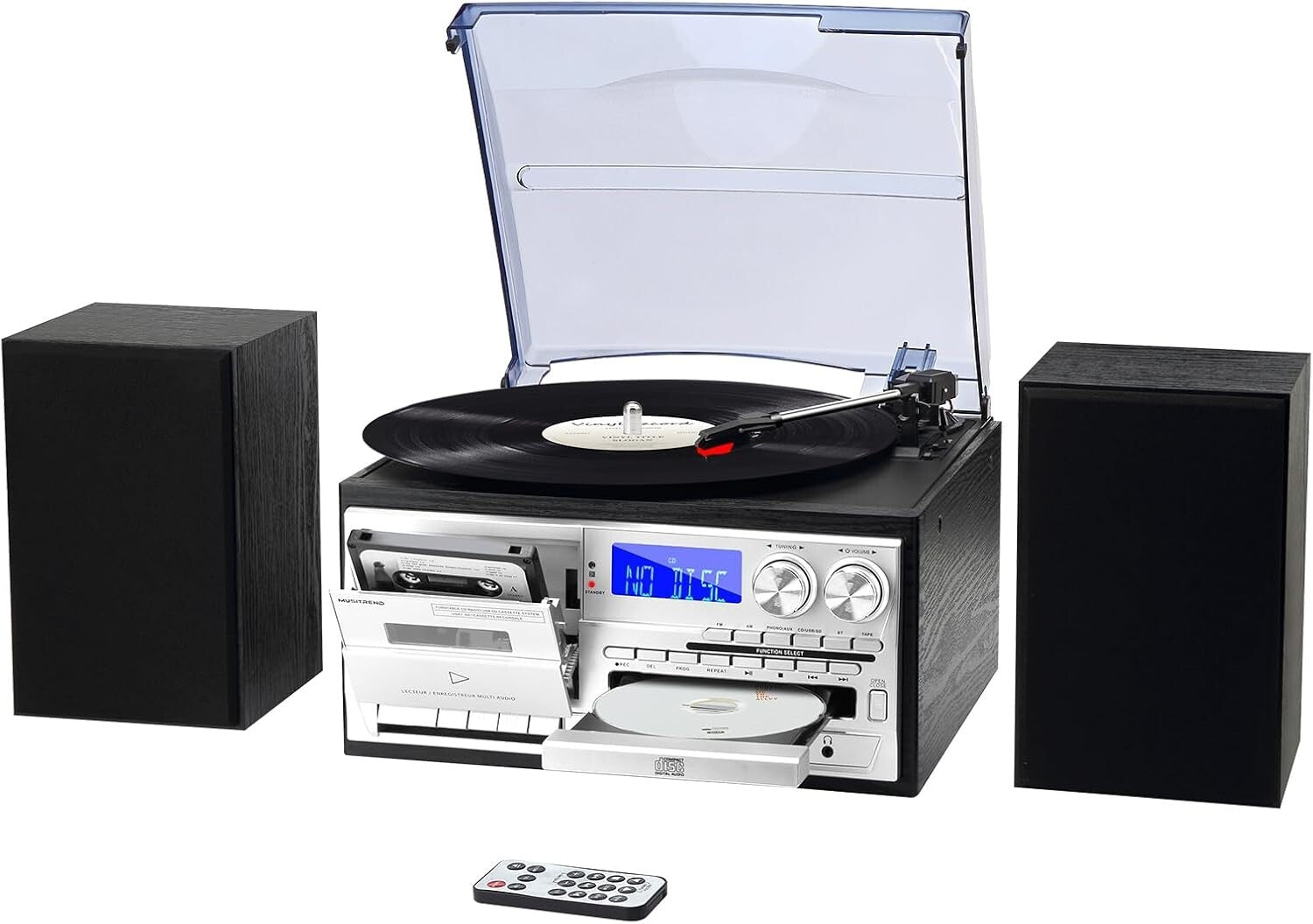 Compact Bluetooth Turntable & AM/FM Radio with External Speakers, USB/SD Options