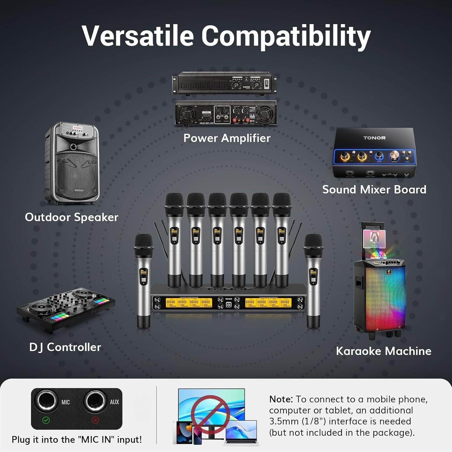 Durable UHF Wireless Mic System - 12 Channels, 8 Handheld Mics, Mute Function