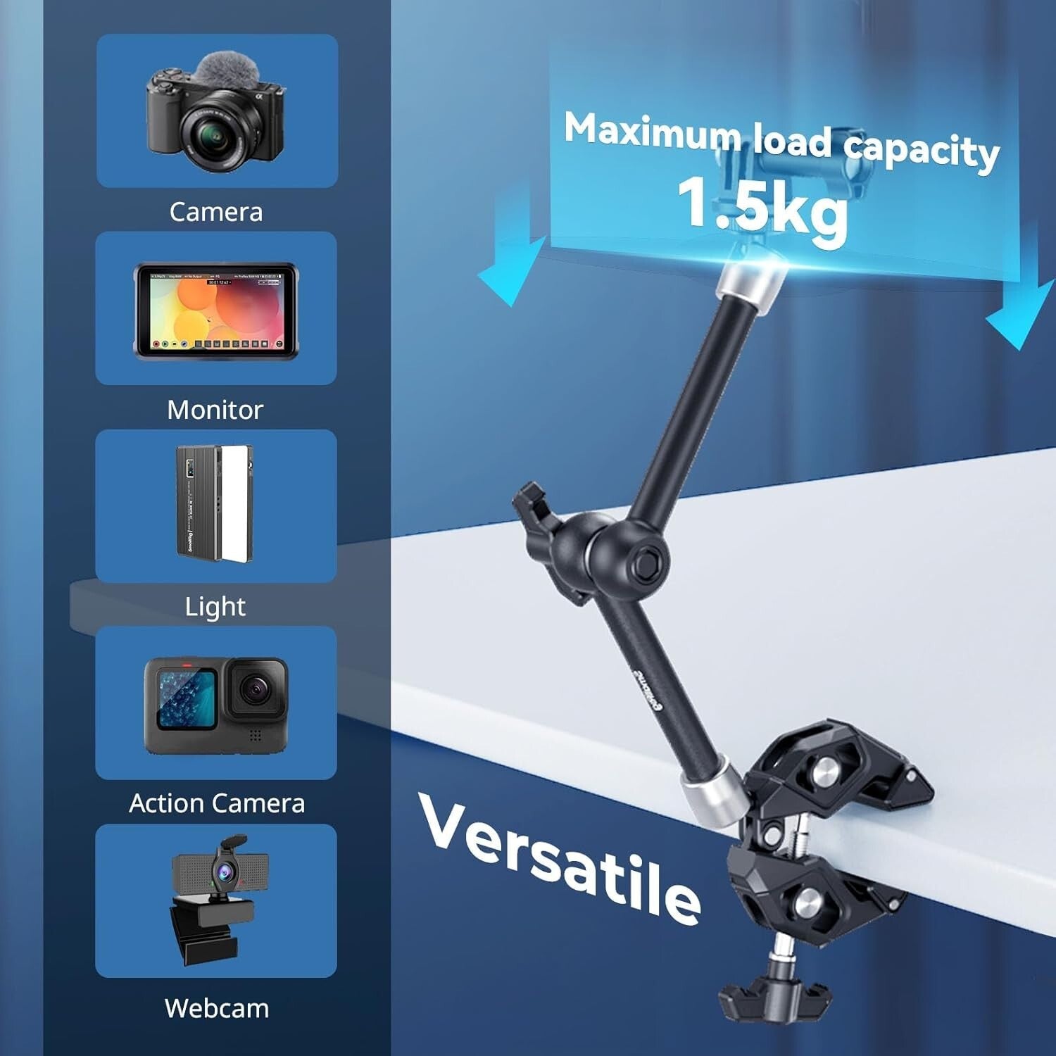 Adjustable Magic Arm Clamp with Super Clamp for Cameras and Lights, 1.5kg Limit