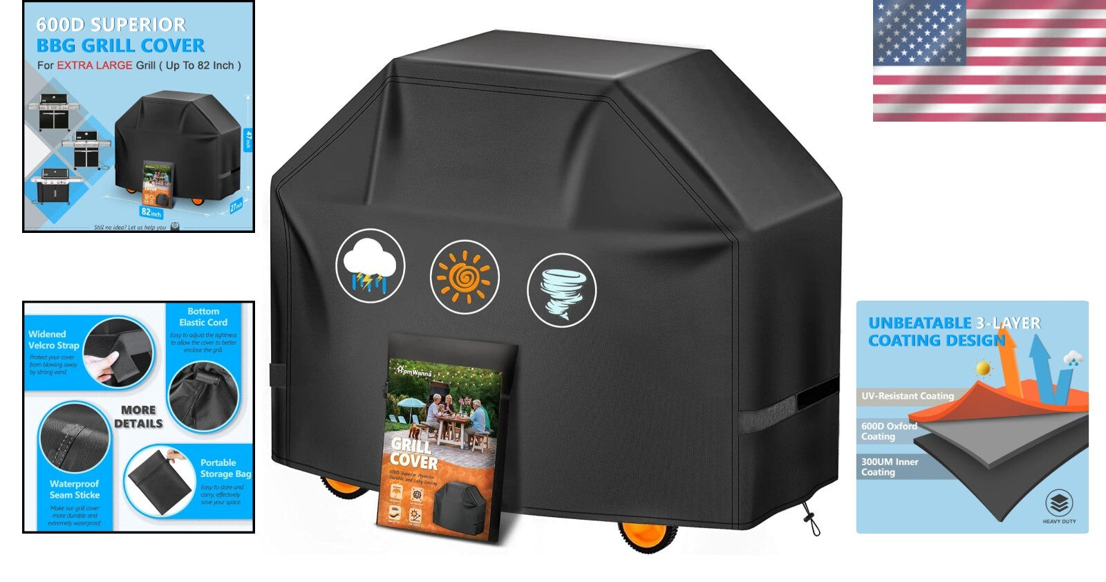 600D Waterproof Grill Cover with Portable Storage Bag - Secure & Easy to Clean