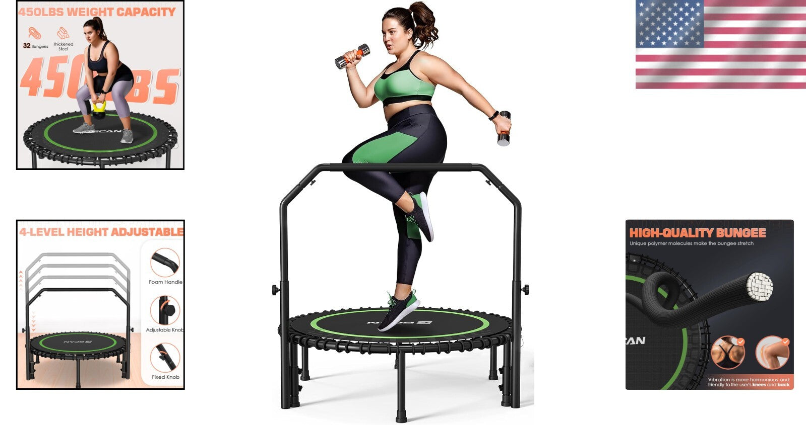 Foldable 450 LBS Fitness Trampoline with Adjustable Handle - Indoor/Outdoor Use