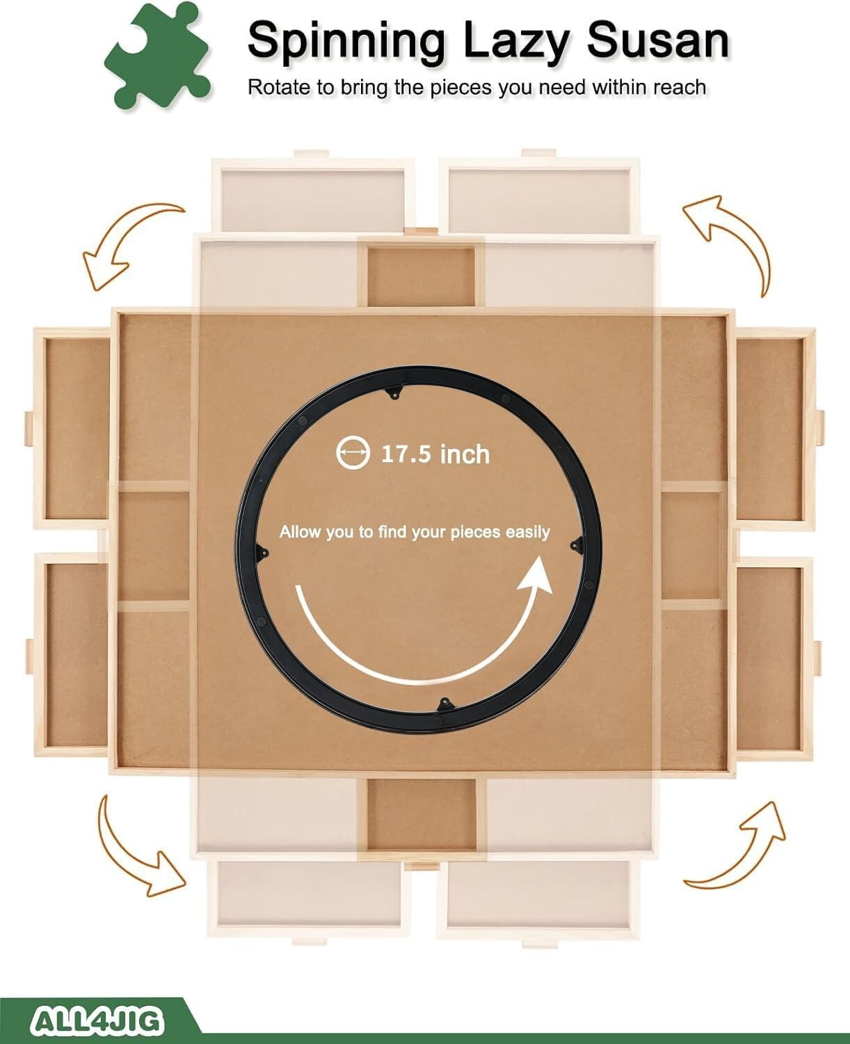 2000-Piece Rotating Wooden Puzzle Board with 6 Drawers & Lazy Susan - Portable