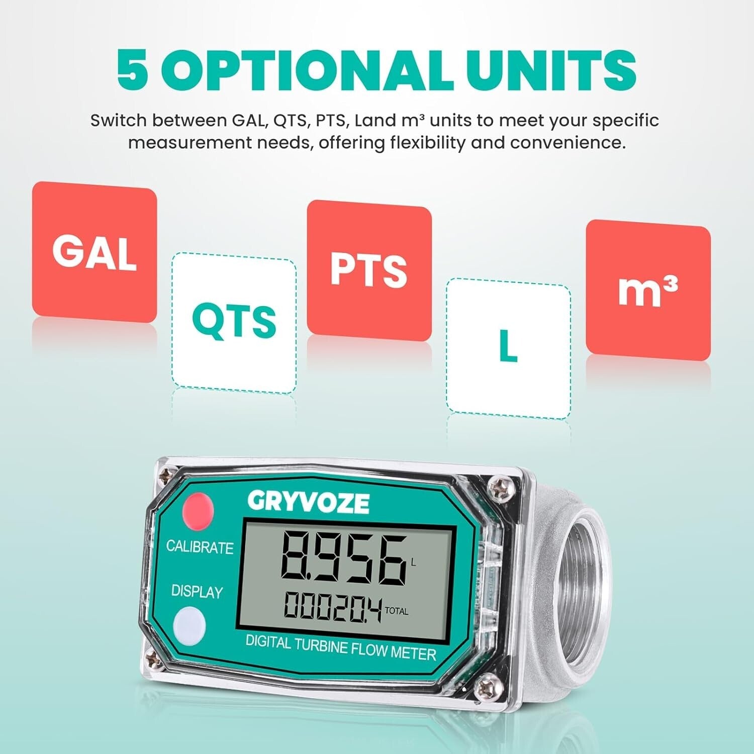1 Inch Inline Digital Flow Meter - Supports Fluid Measurements up to 26 GPM