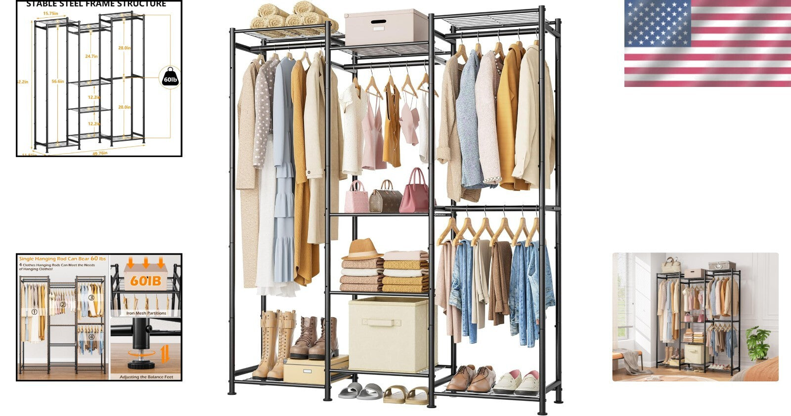 Large Portable Wardrobe with 4 Hanging Spaces & 8 Shelves - Stylish Organization