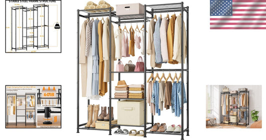 Large Portable Wardrobe with 4 Hanging Spaces & 8 Shelves - Stylish Organization
