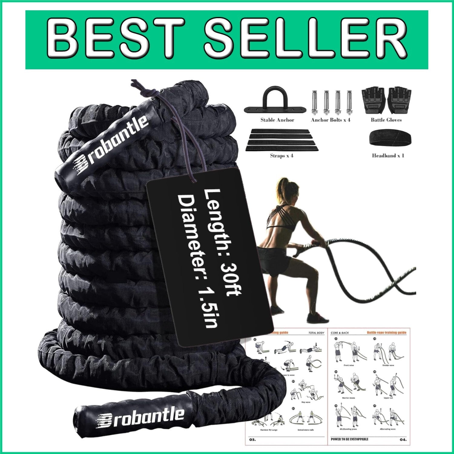Adjustable Thickness Battle Ropes - 30ft Heavy Workout Rope for Intense Training
