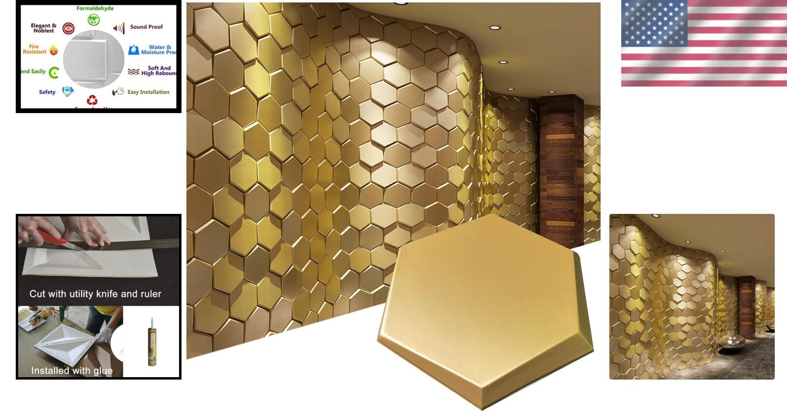 Elegant 20-Piece Gold Hexagon Faux Leather 3D Wall Panels for Stylish Interiors