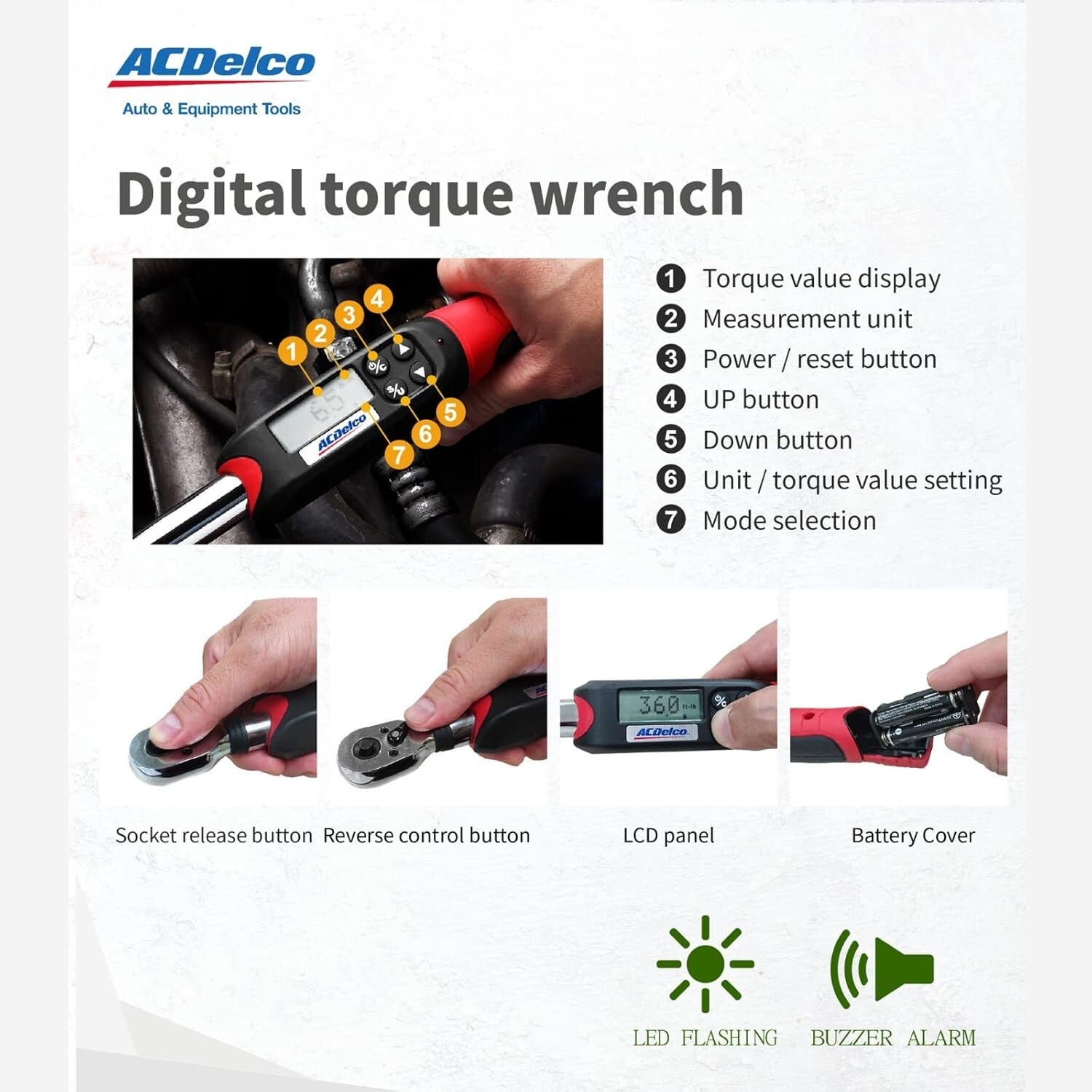 Advanced Digital Torque Wrench with Buzzer & LED – Compact 3 3/8” 3.7-37 ft-lbs