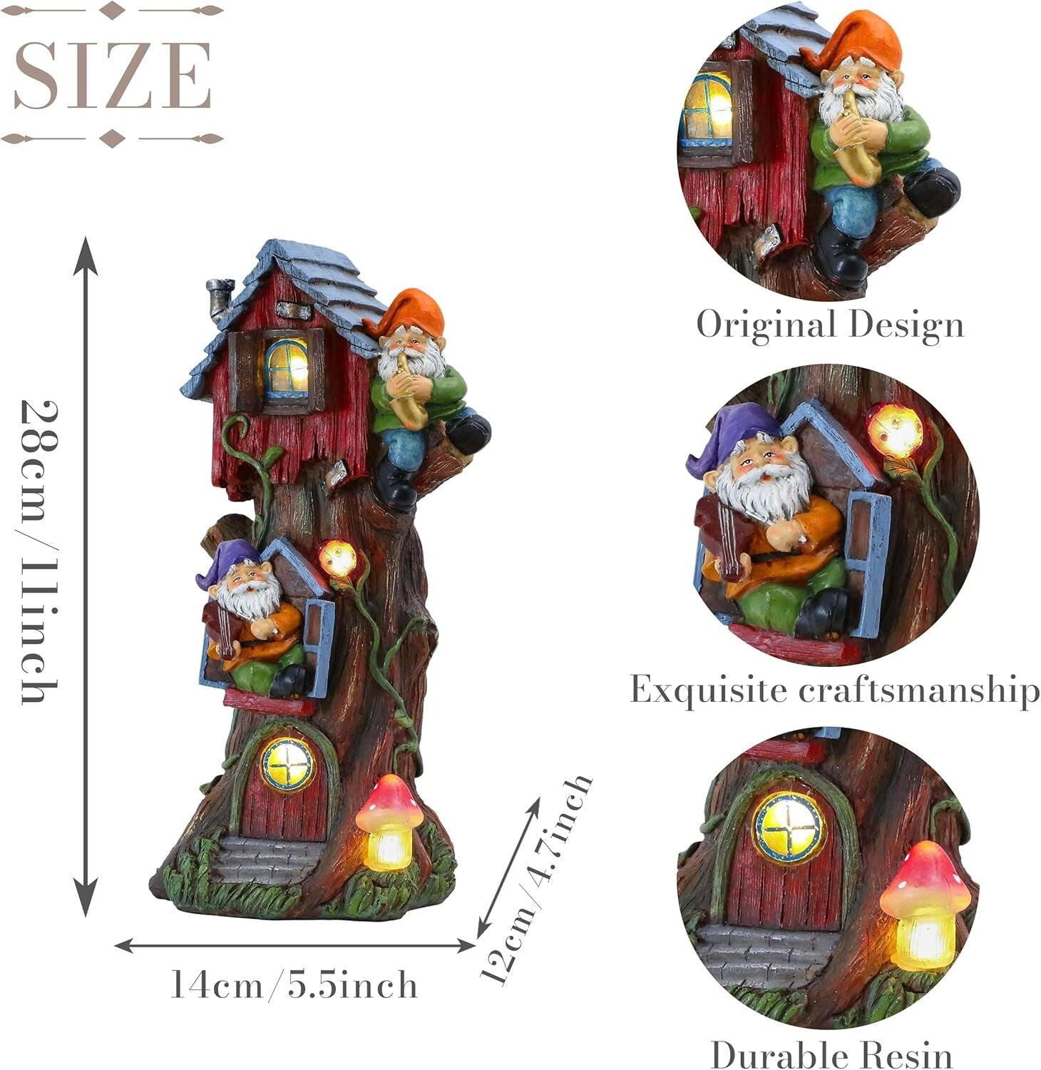 Charming 11" Gnome Treehouse with Solar Light - Perfect Garden Figurine Ornament