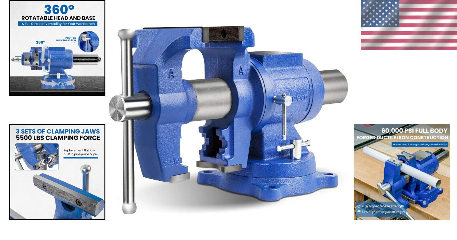 Versatile Heavy-Duty Bench Vise with Replaceable Jaws & Swivel Base - 360°