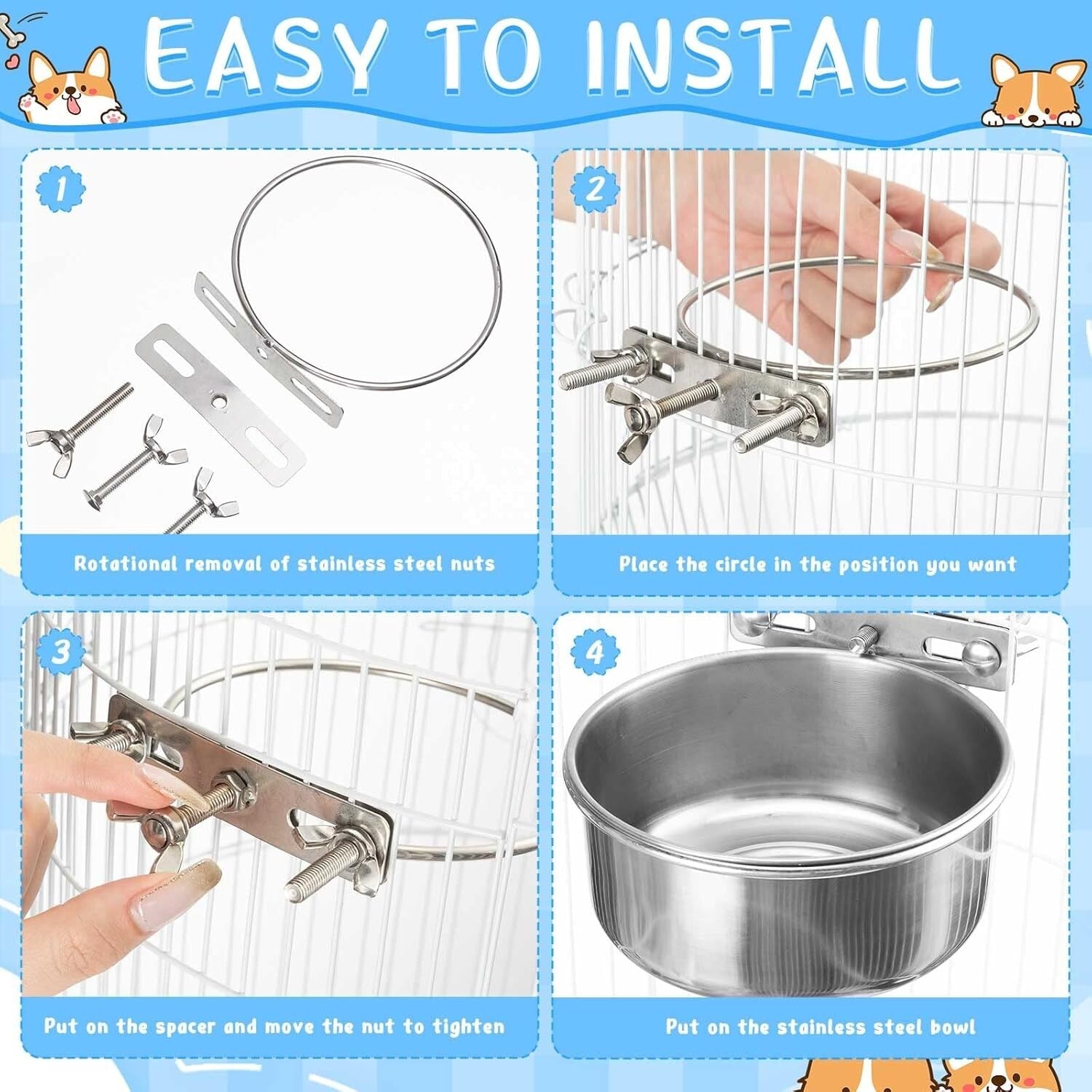 Durable Stainless Steel Pet Feeding Bowls with Clamp Holder - Spill Proof Set
