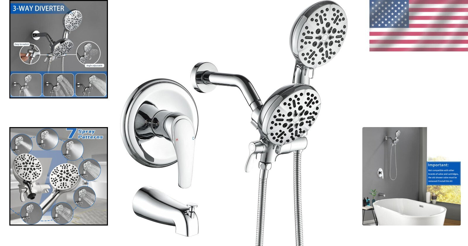Dual Shower Faucet Set with Tub Spout - Chrome Shower Combo for Luxurious Baths