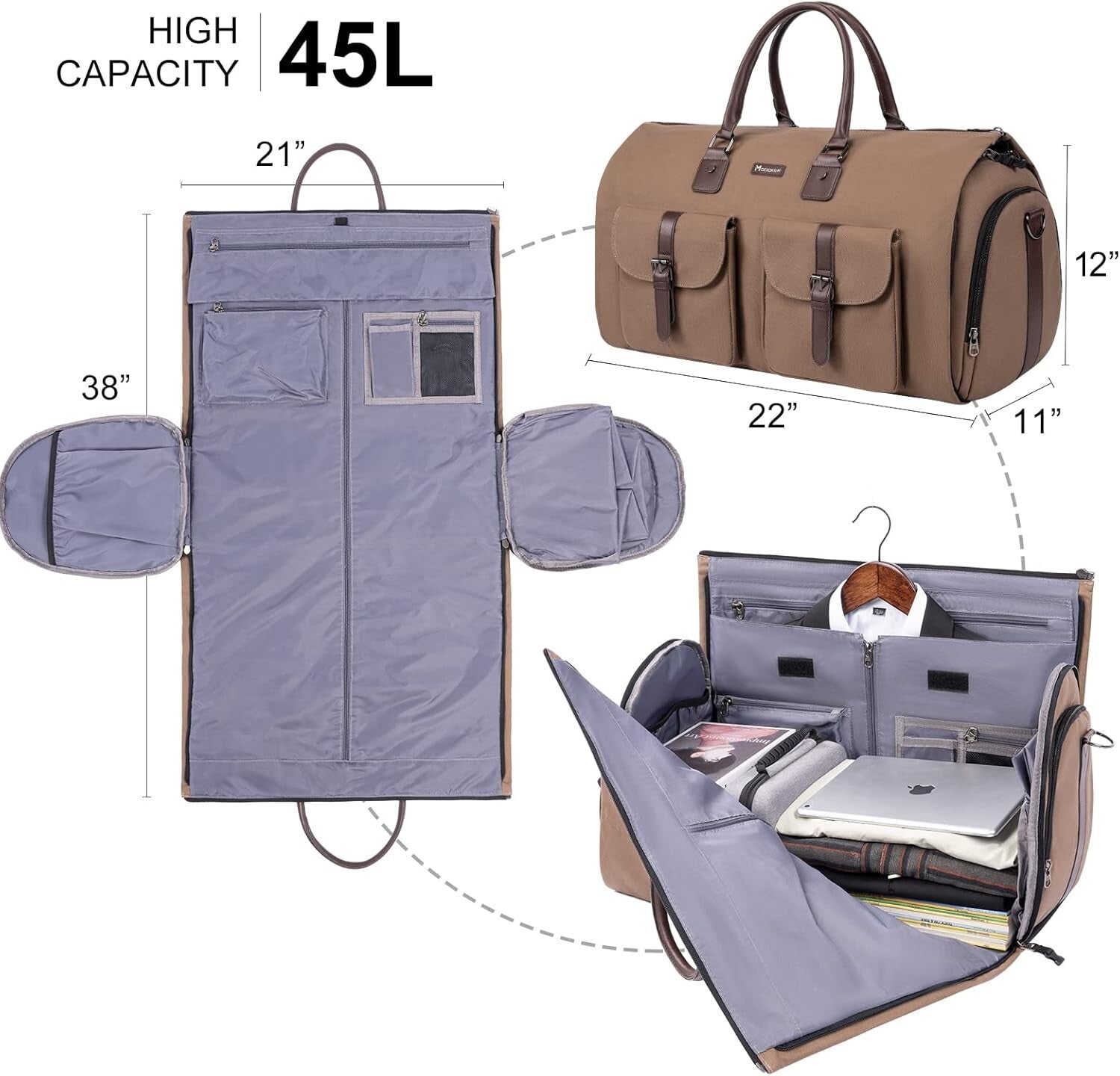 Wrinkle-Free 45L Canvas Garment Duffel Bag with Shoe Compartment - Travel Ready