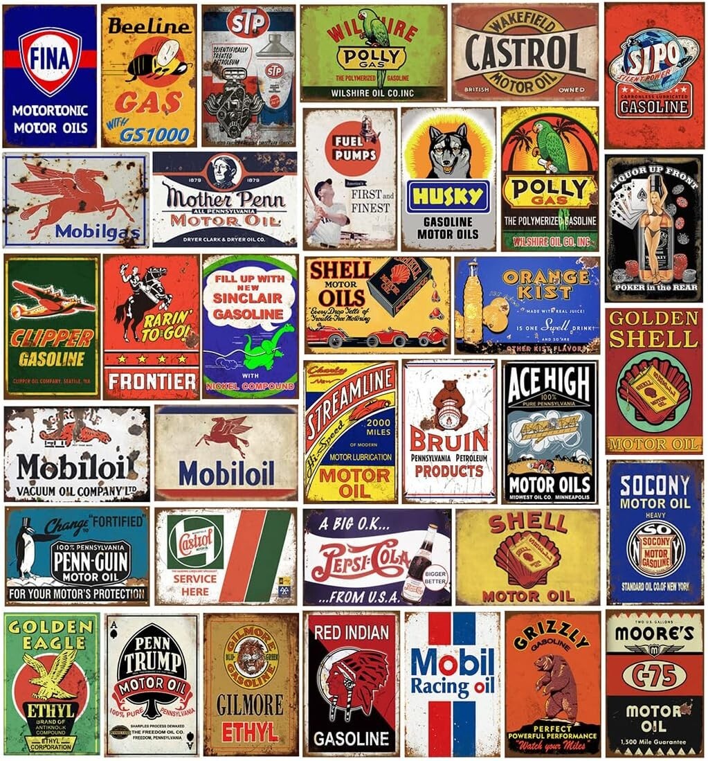 Nostalgic 35-Piece Metal Sign Collection for Kitchen, Bar, and Garage