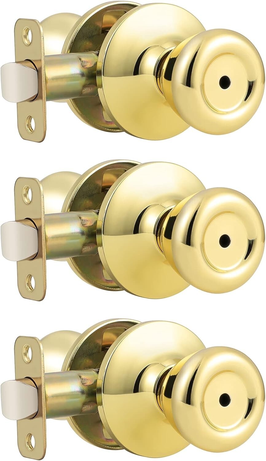 Elegant 3 Pack Keyless Privacy Door Knobs in Polished Brass - Easy Installation