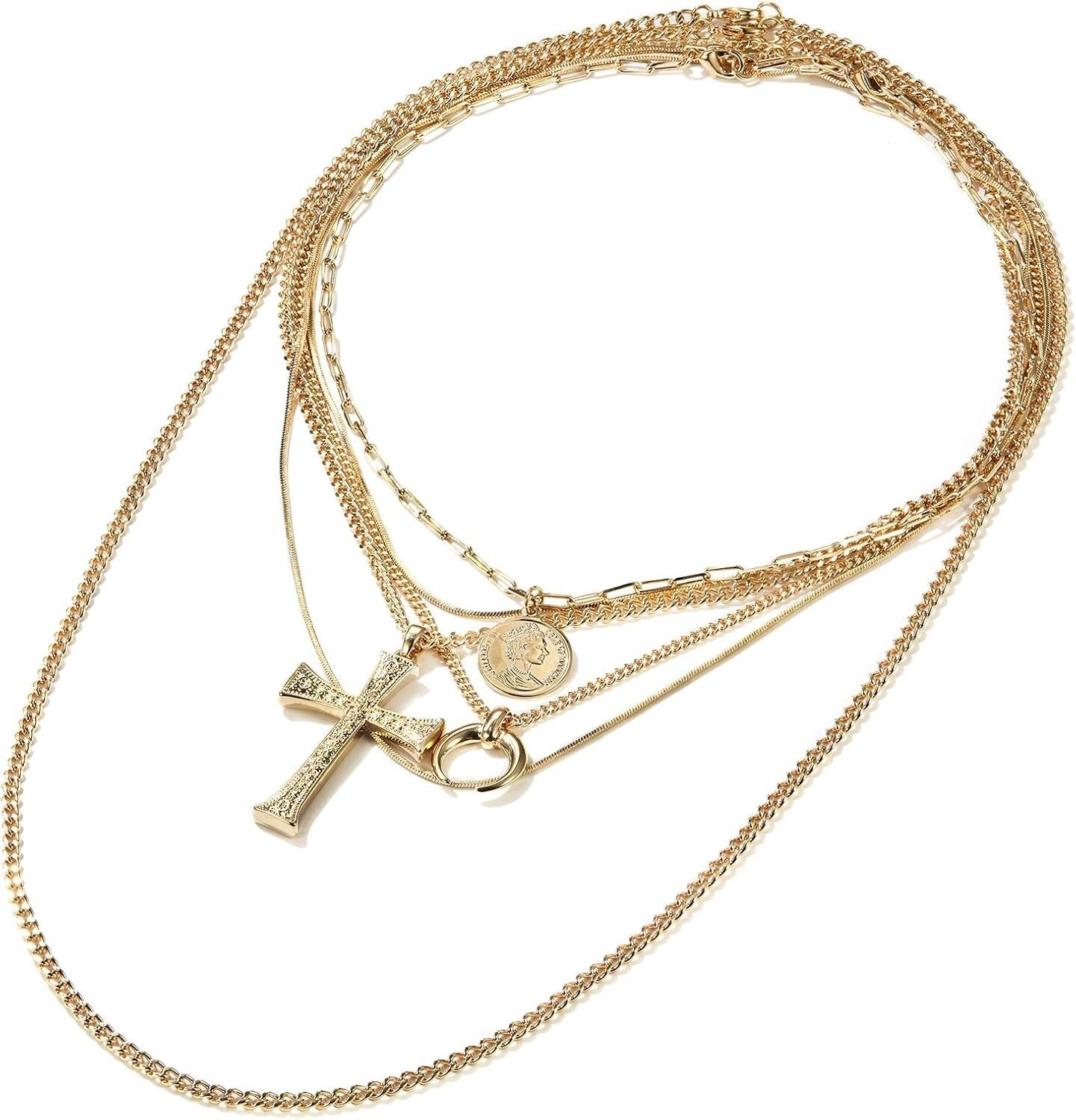 Chunky Gold Layered Necklace with Stylish Coin Pendant - 14K Gold Beauty