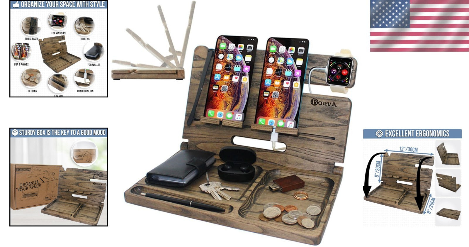 Natural Wood Phone Docking Station with Ant-Slip Pads - Ideal for Men and Gifts