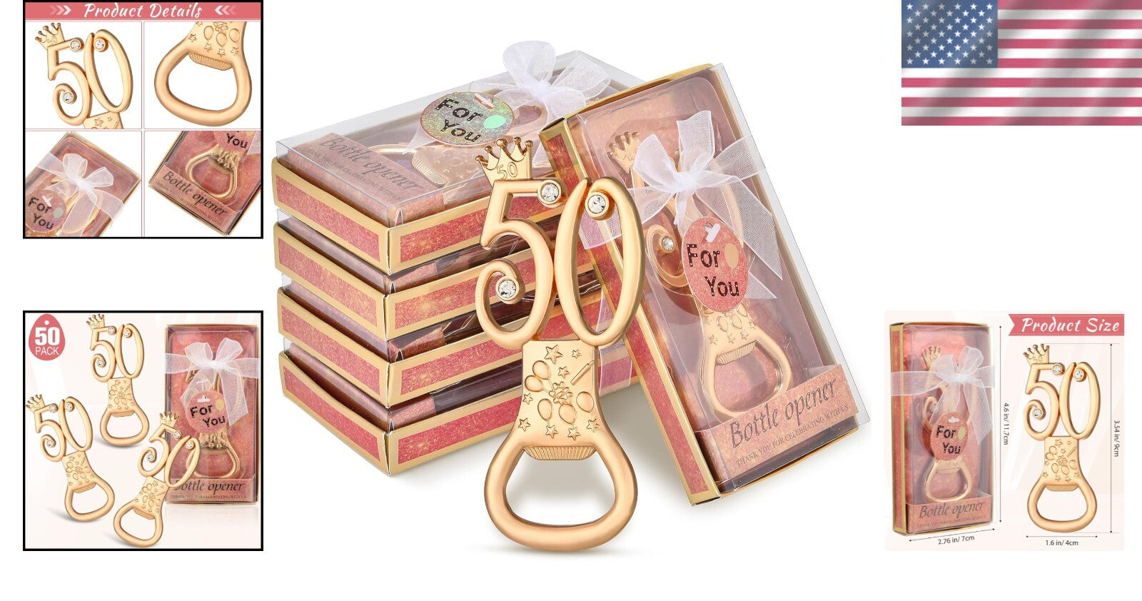 Elegant 50th Anniversary Bottle Openers - Rose Gold with Rhinestones, 50 Pcs Set