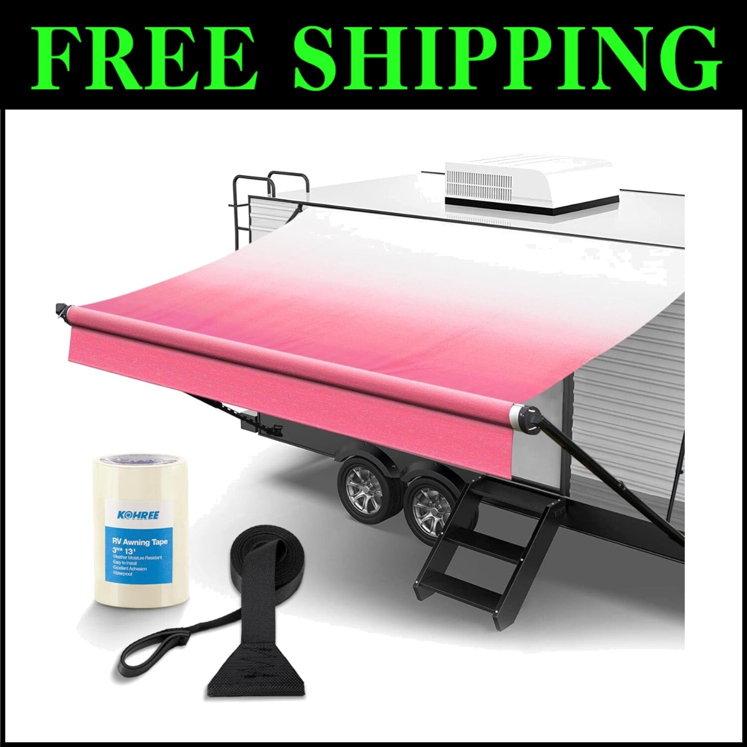 17' Durable Vinyl RV Awning with Easy Install Pull Strap - Pink Fade Design