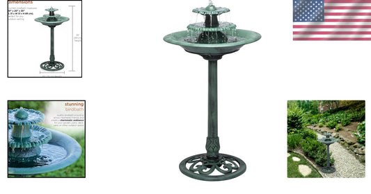 Elegant 3-Tier Pedestal Water Fountain & Birdbath, 35" Green Outdoor Feature