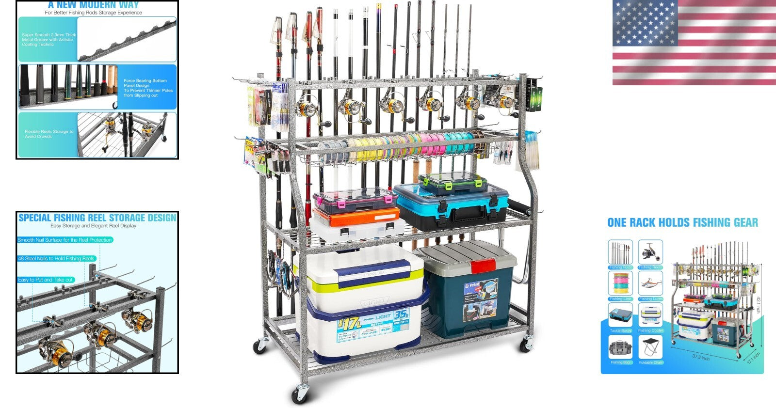 Multi-Functional Fishing Gear Organizer Rack with Smooth Rolling Caster Design