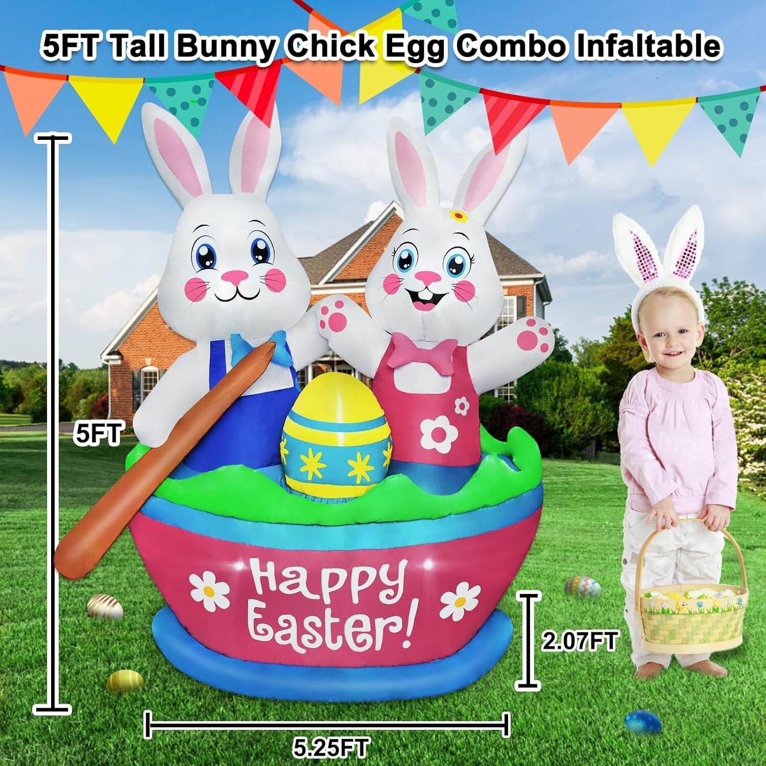 Easy Setup 5FT Easter Bunny Inflatables with LED Lights - Fun Yard Decoration