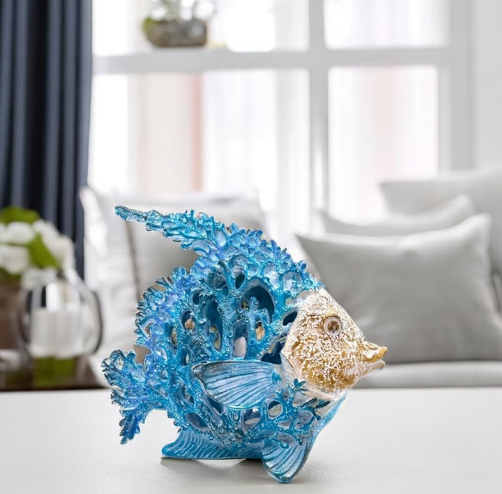 Coastal Coral Reef Angel Sculpture in Turquoise & Blue - Art Deco Tabletop Decor