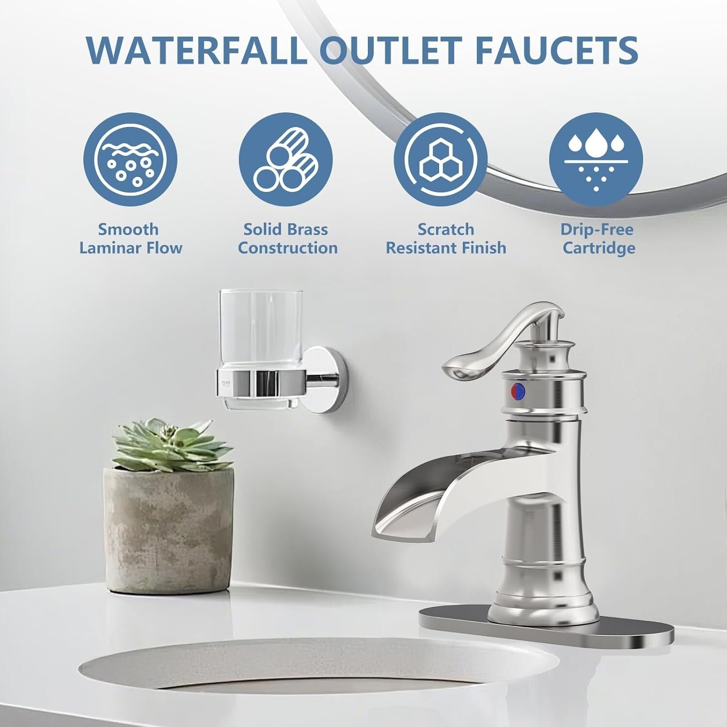 Durable Waterfall Spout Bathroom Faucet - Single Handle Brushed Nickel Finish