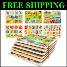 Load image into Gallery viewer, Montessori Wooden Puzzles Set: 6 Engaging Themes with Storage Rack for Toddlers