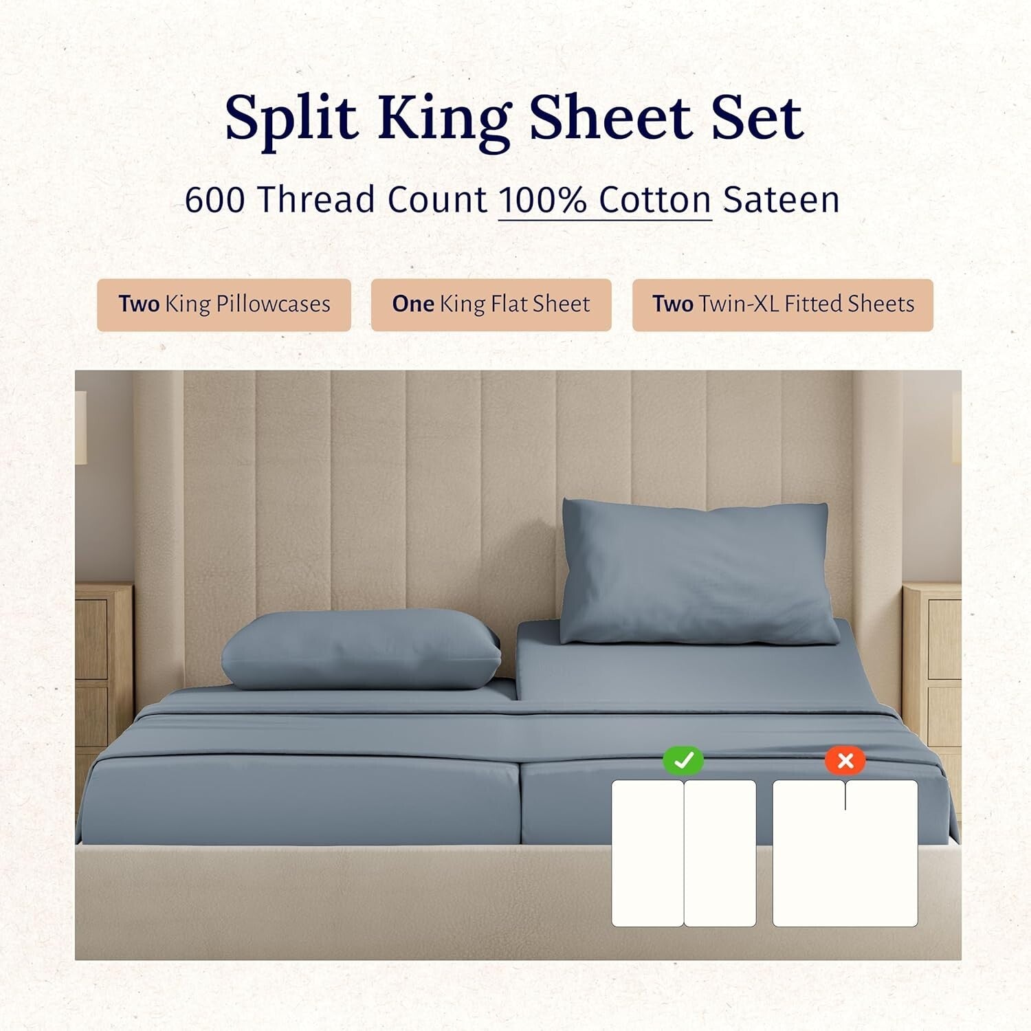 Breathable & Durable Split King Sheet Set - 100% Cotton for Adjustable Beds