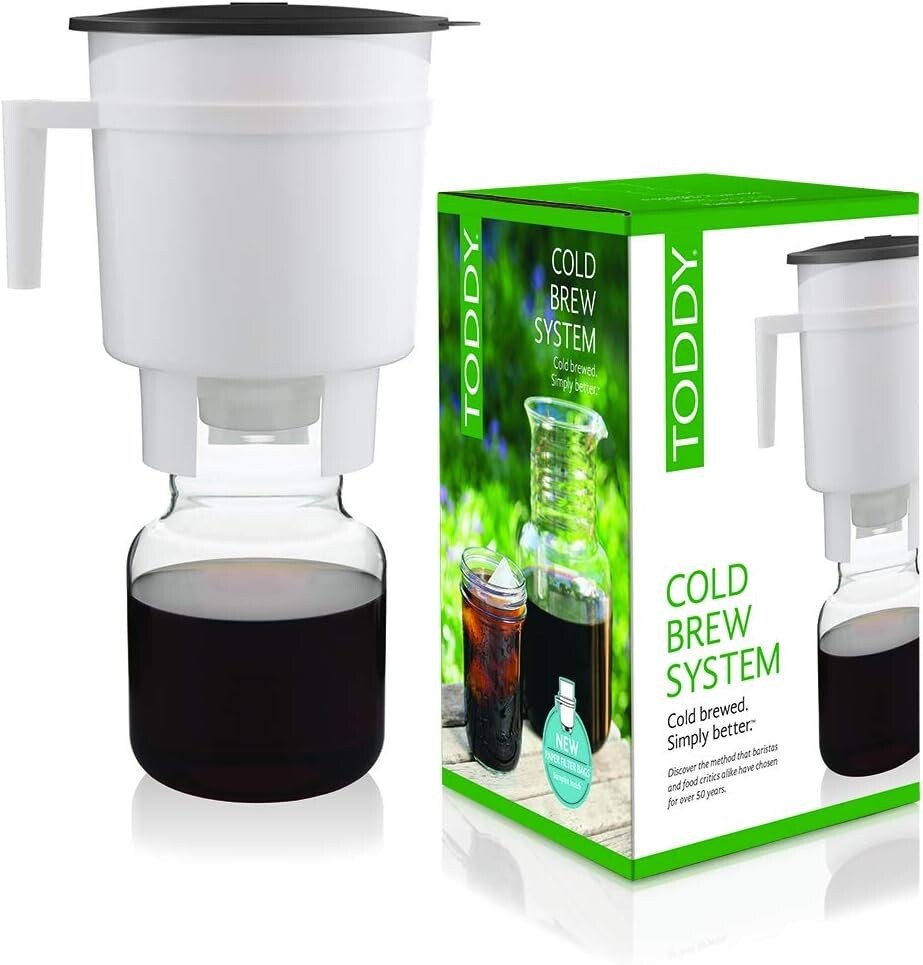 Compact White Cold Brew Coffee Maker - Includes Decanter and Recipe Guide