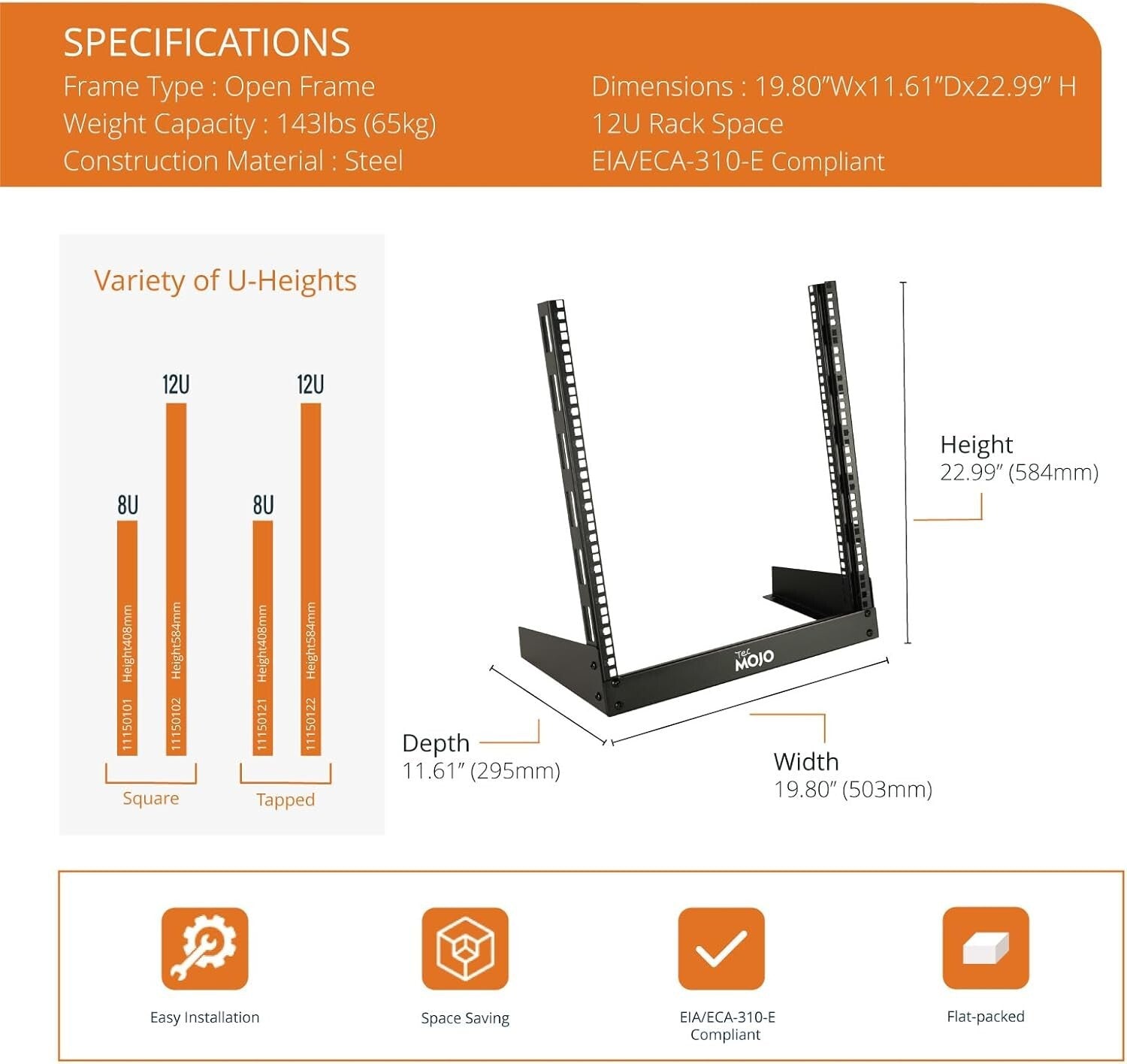 12U Desktop Server Rack - Sturdy Open Frame for AV/Data/IT Equipment
