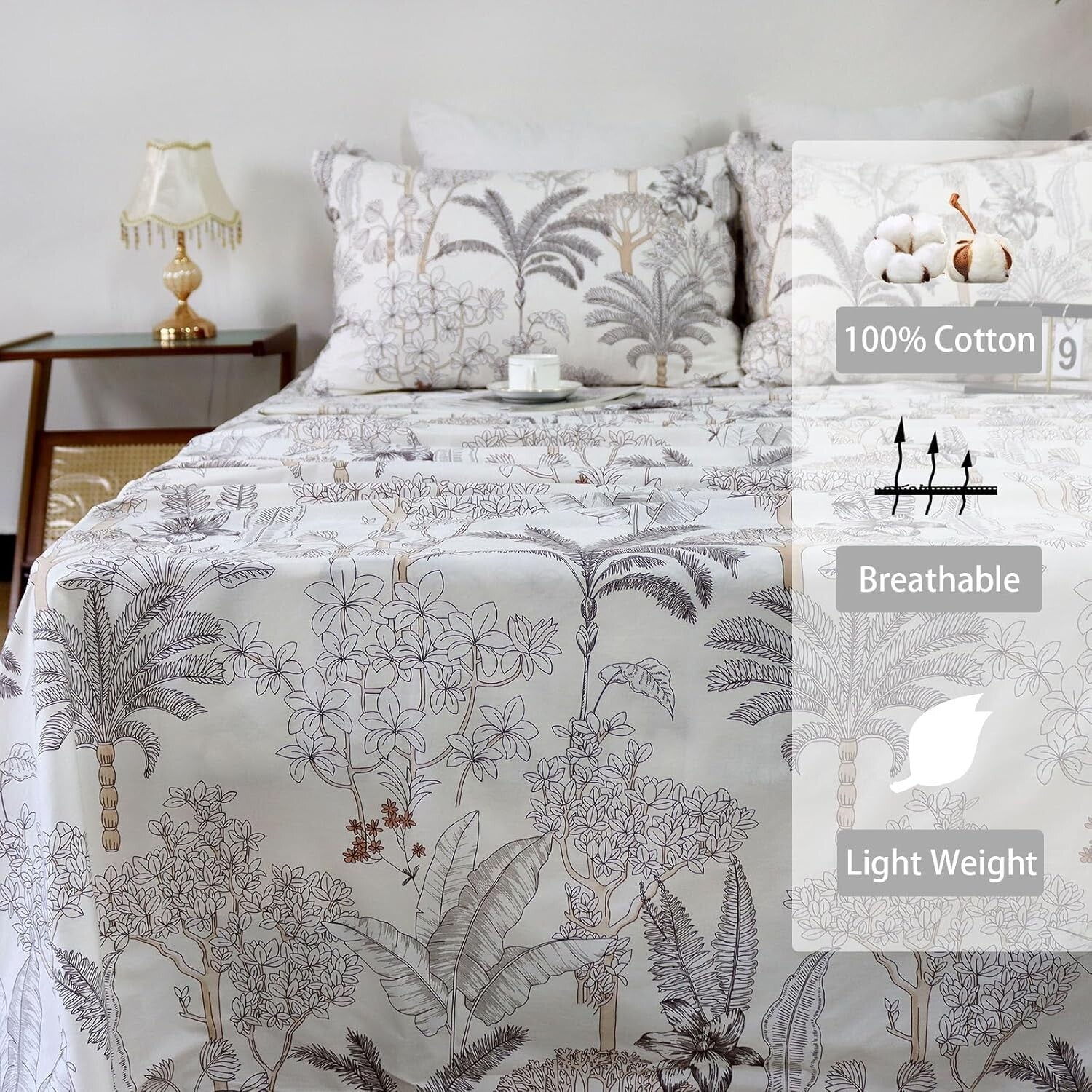 Breathable 100% Cotton Floral Sheet Set Queen – Coastal Coconut Tree Design