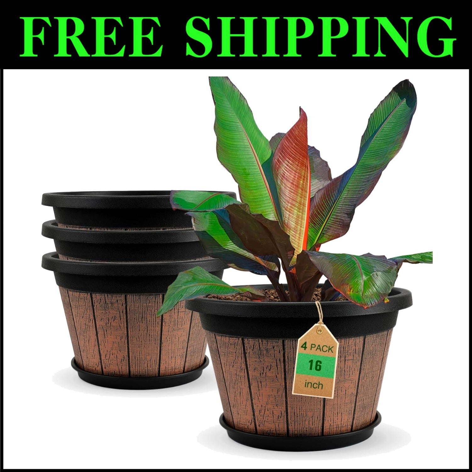 Sturdy 4 Pack 16 Inch Round Planters with Drainage Holes - Rustic Brown Finish