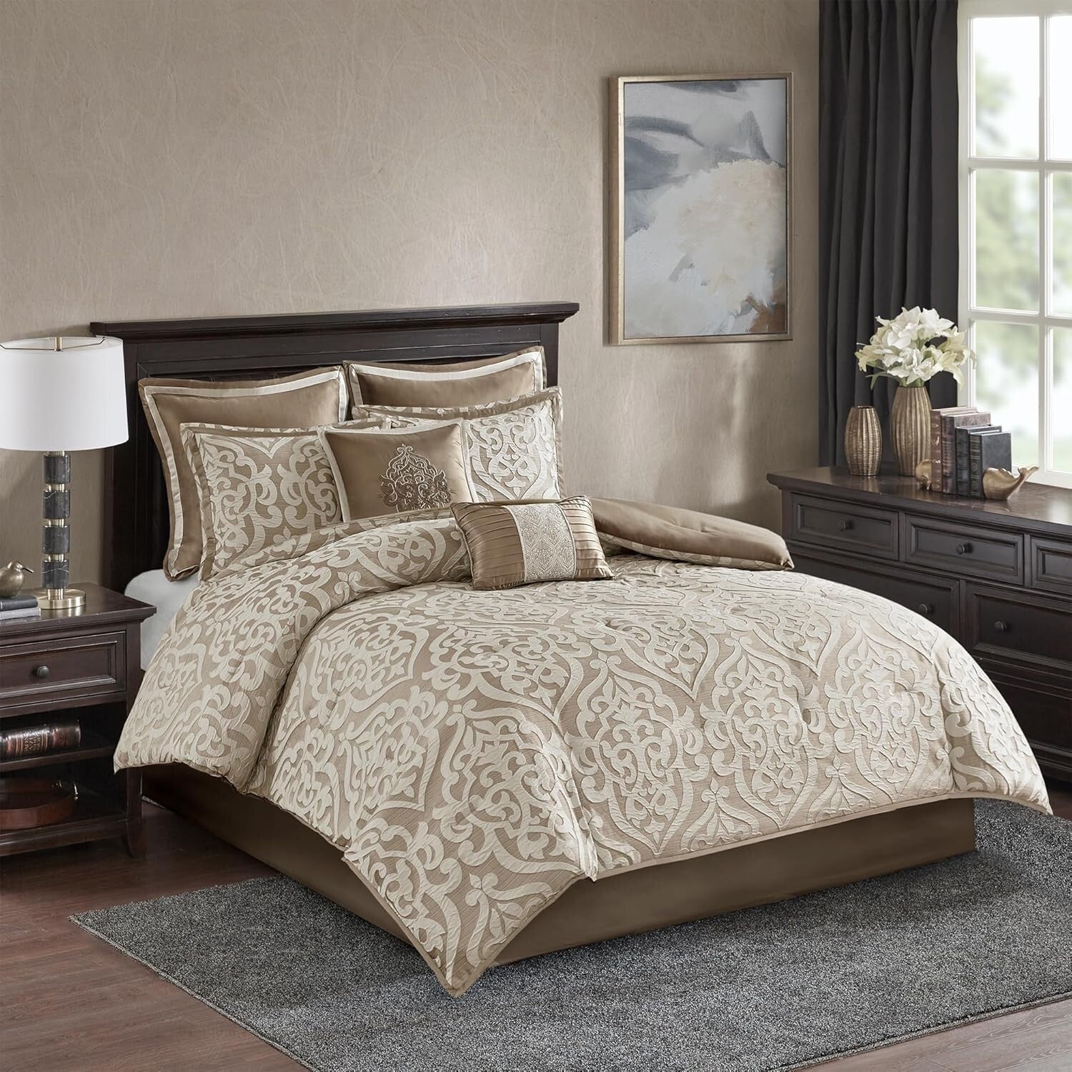 Odette 8-Piece Tan Comforter Set - Jacquard Fabric with Decorative Pillows