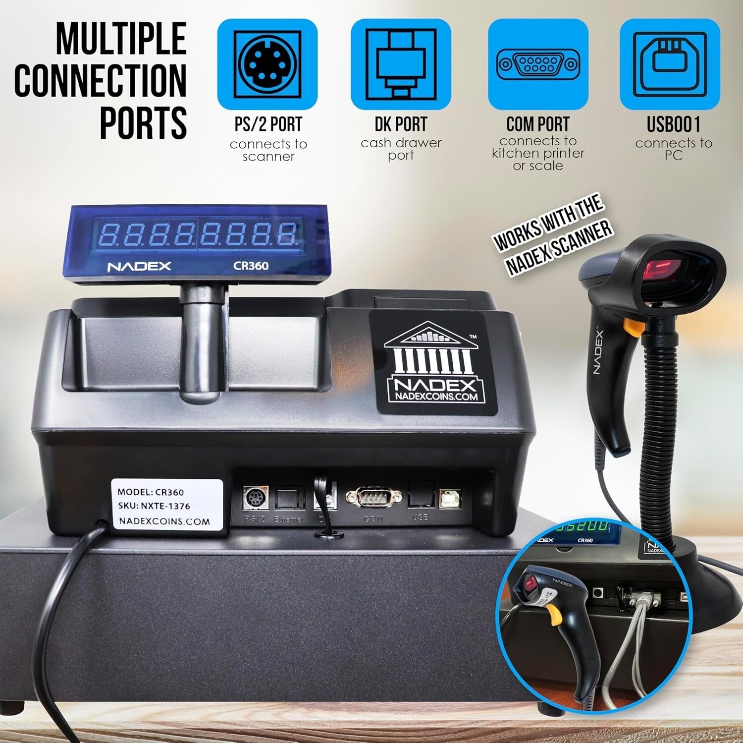 Efficient CR360 Cash Register with Dual Displays and Quick Load Thermal Printing