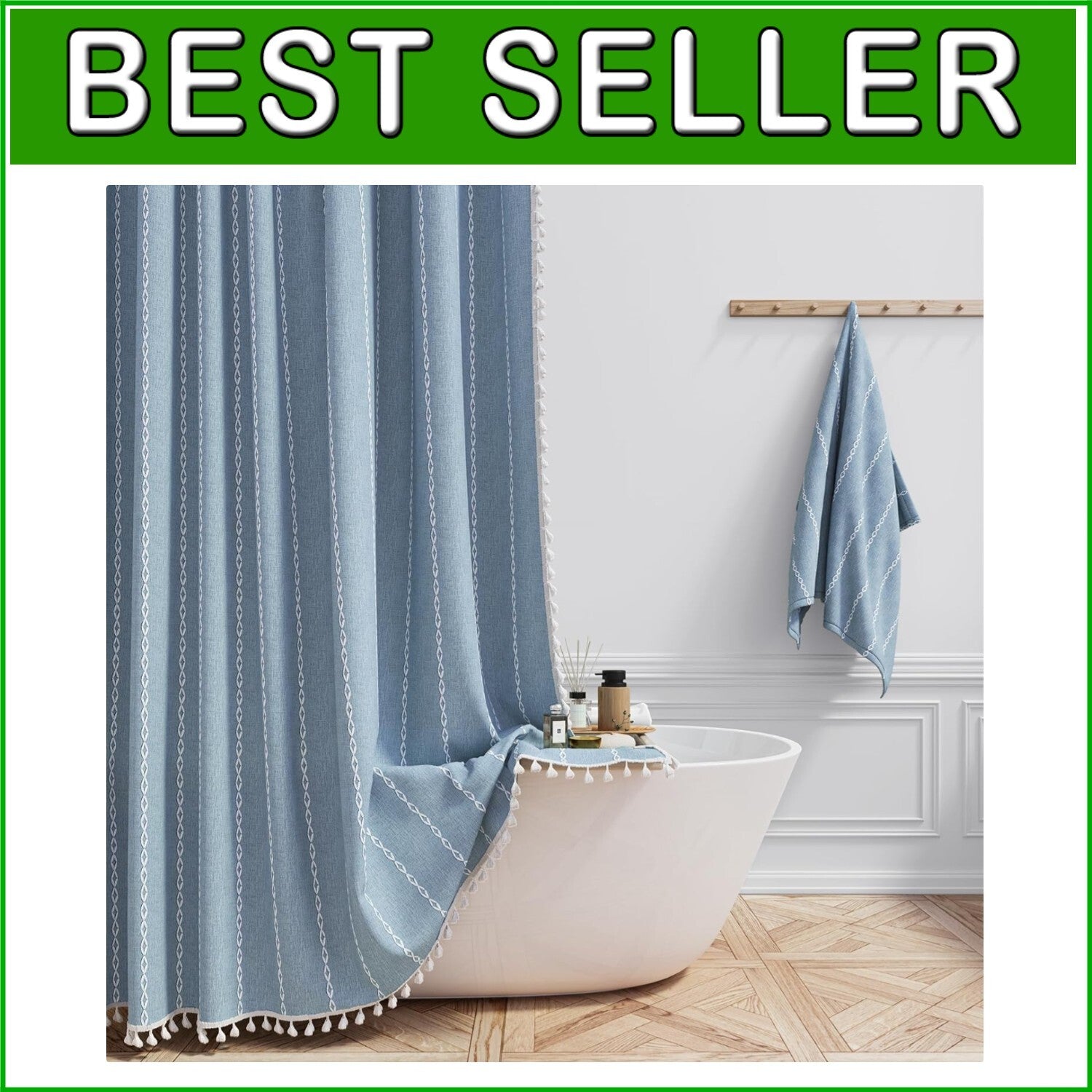Elegant Water-Repellent Shower Curtain - 72x84 Luxurious Blue Boho Tassel Design