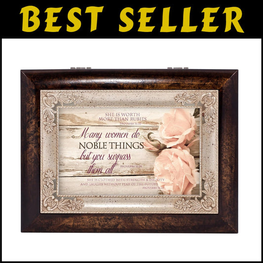 Stylish Rectangular Musical Jewelry Box in Brown Burlwood - Perfect for Earrings