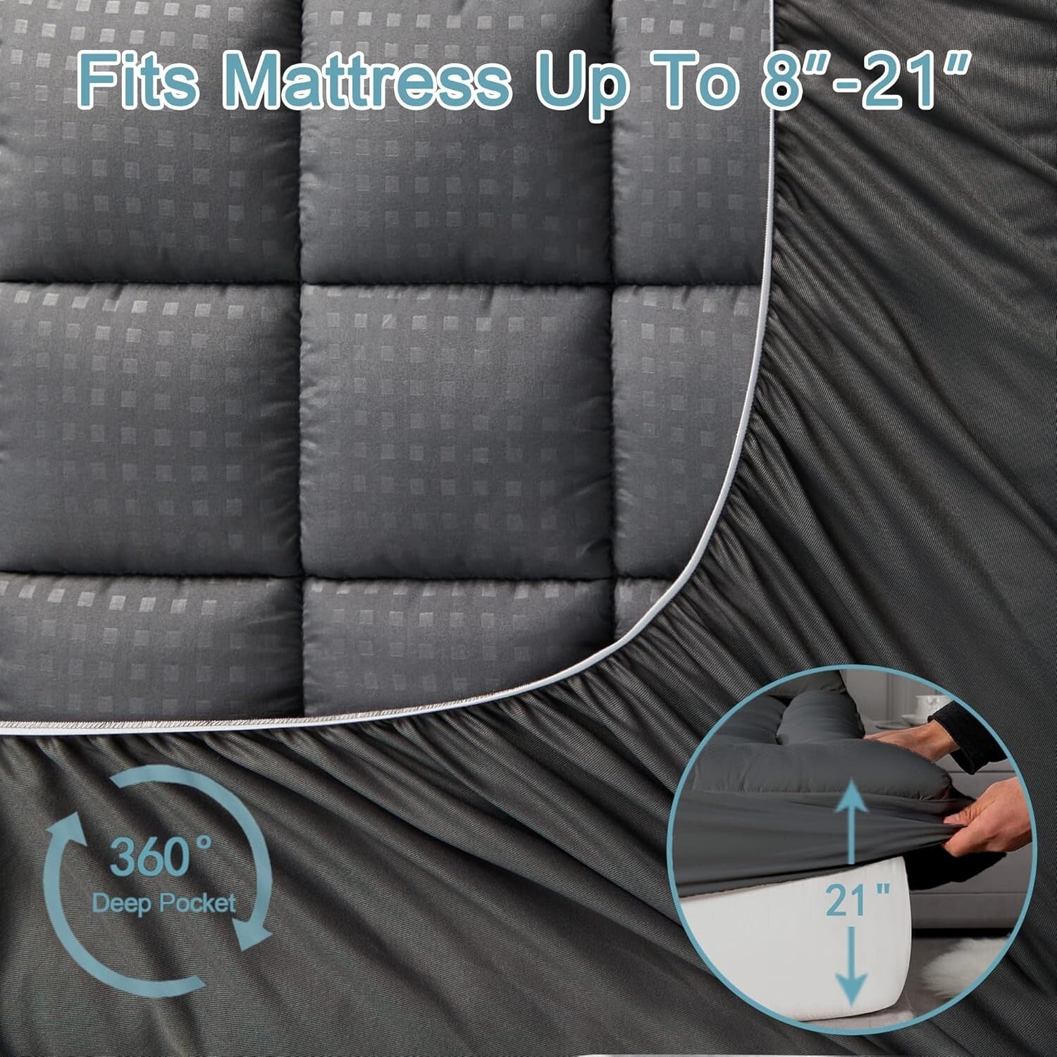 Fluffy Quilted King Mattress Pad - Cooling Microfiber with 21" Deep Pocket