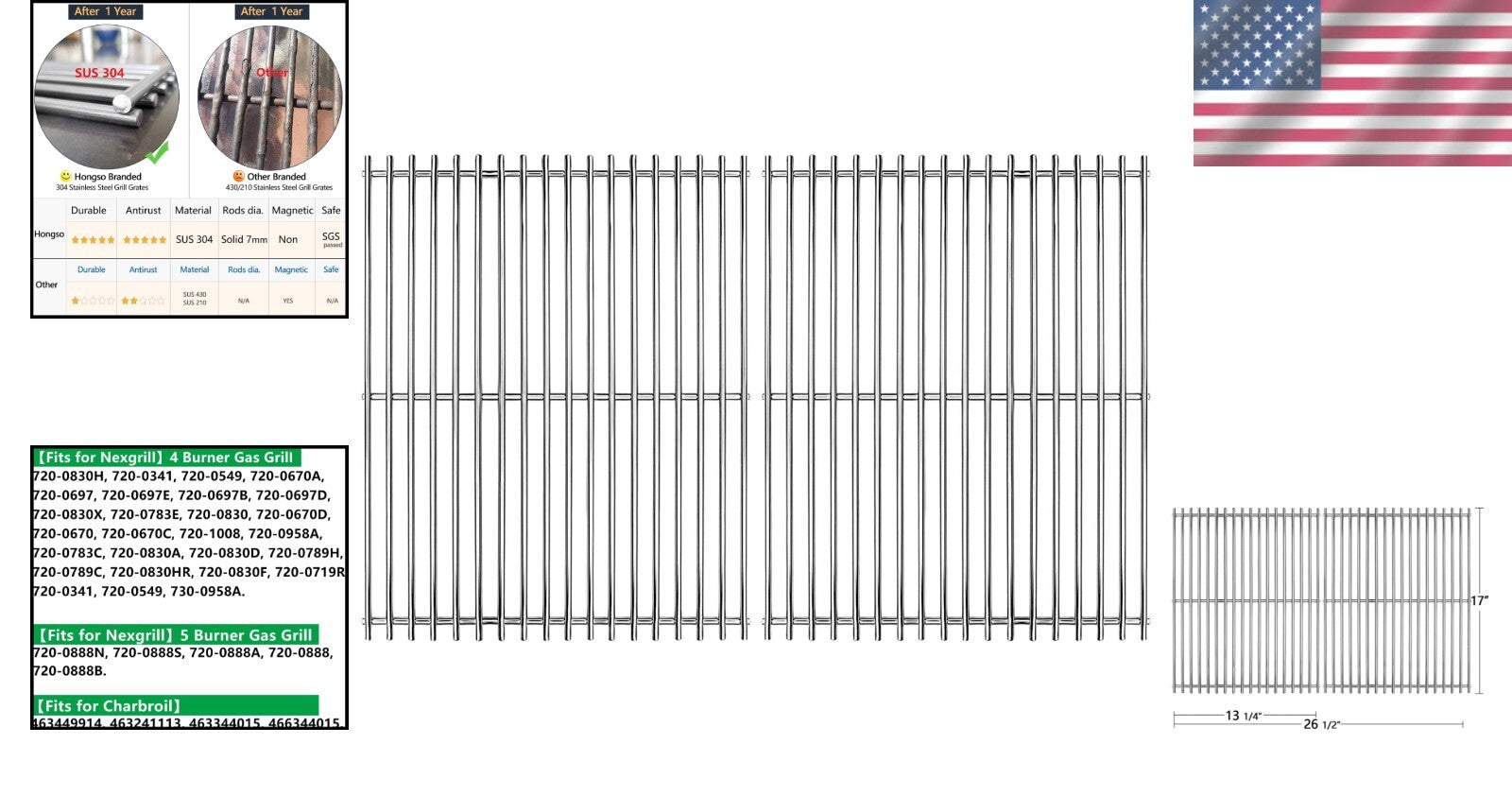 17" Grill Grates - Solid SUS 304 Stainless Steel for Nexgrill, Kenmore, Uniflame