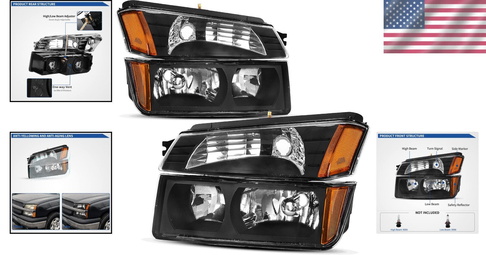 Durable 2002-2006 Chevy Avalanche Headlight Assembly with Black Housing & Amb...